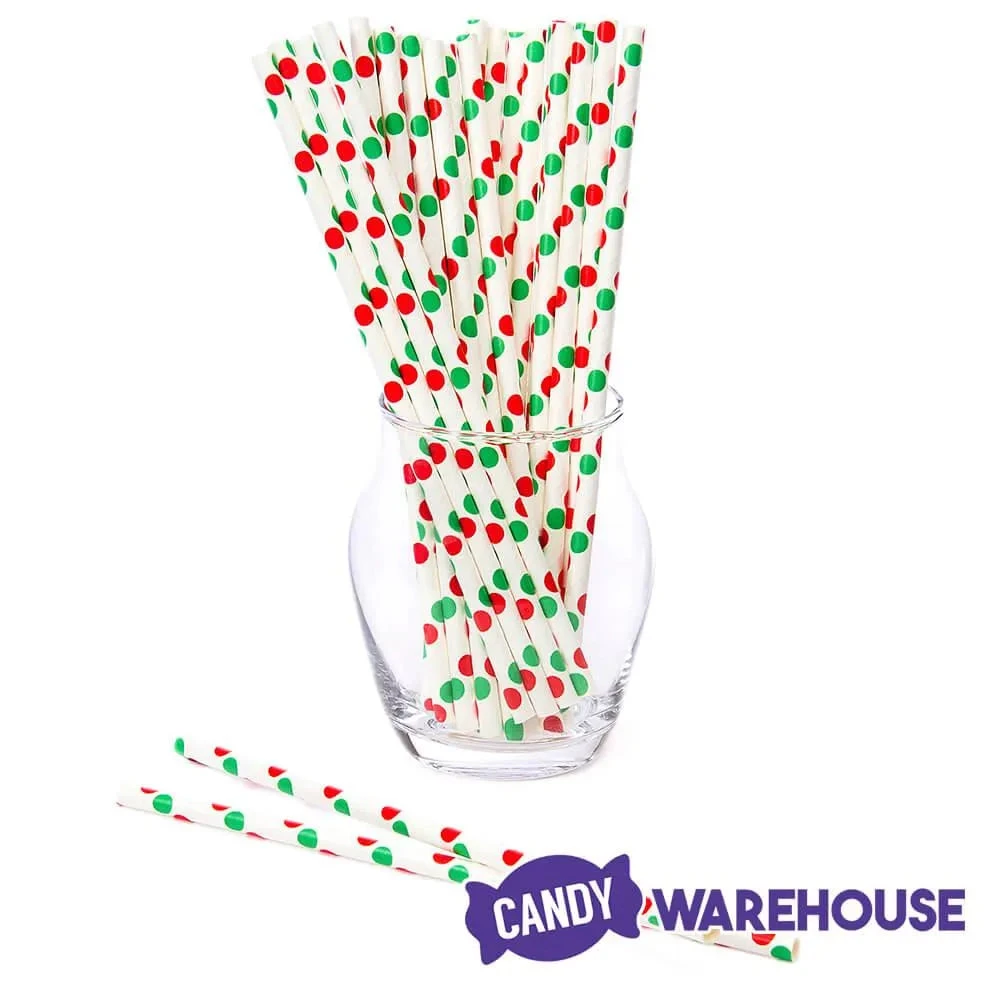 Paper 7.75-Inch Drinking Straws - Christmas Red And Green Polka Dots: 25-Piece Pack 2 Paper 7.75-Inch Drinking Straws - Christmas Red And Green Polka Dots: 25-Piece Pack - Image 2