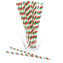 Paper 7.75-Inch Drinking Straws - Christmas Red And Green Stripes: 25-Piece Pack