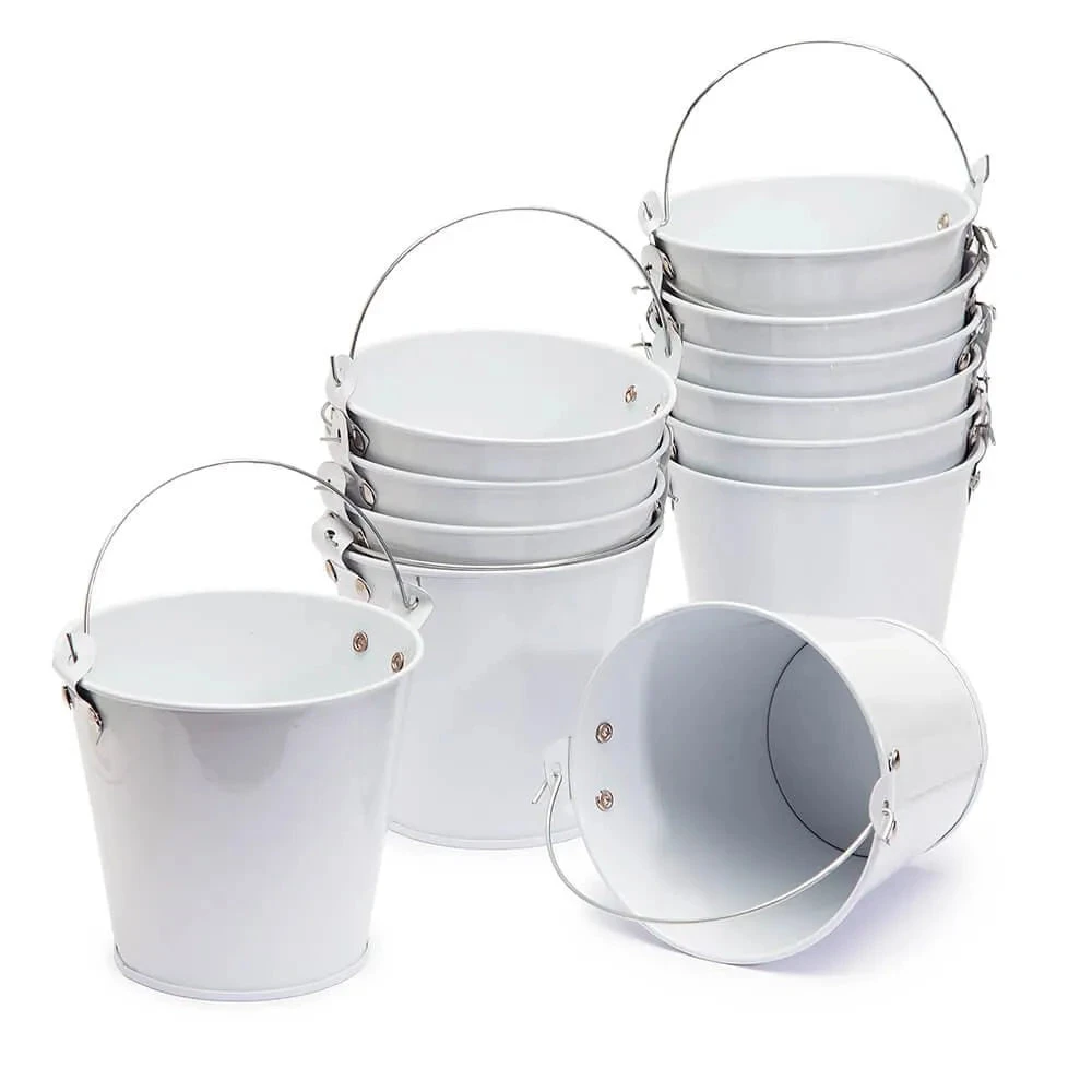 White Tinplate Pails With Handles: 12-Piece Set 1 White Tinplate Pails With Handles: 12-Piece Set