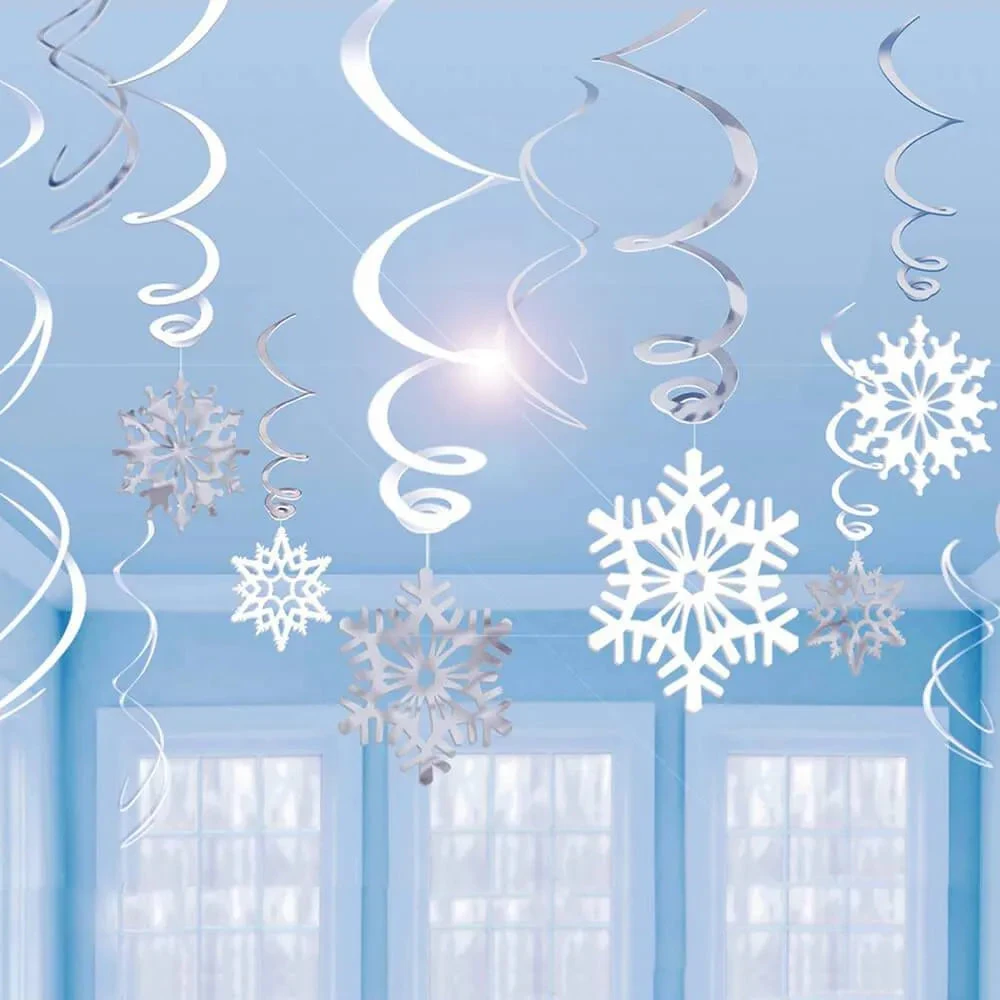 Winter Snowflake Hanging Foil Swirls: 12-Piece Pack 1 Winter Snowflake Hanging Foil Swirls: 12-Piece Pack